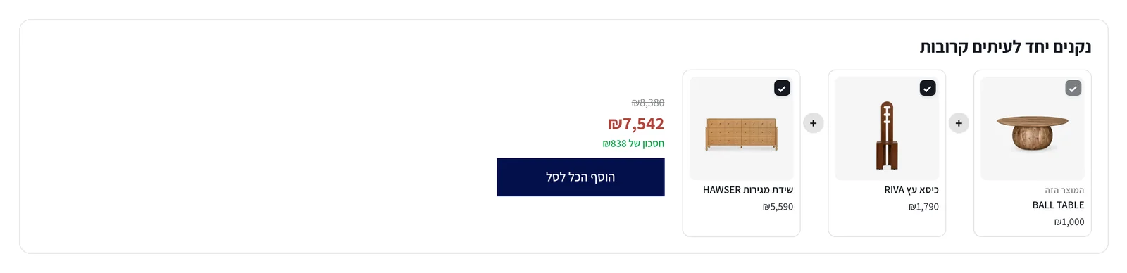אזור נקנים יחד עם סימון מוצרים וכפתור הוספה של כולם